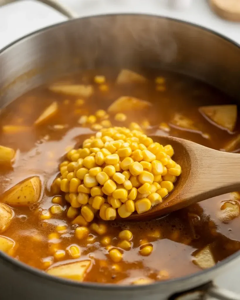 Adding sweet corn kernels to the smoky potato broth