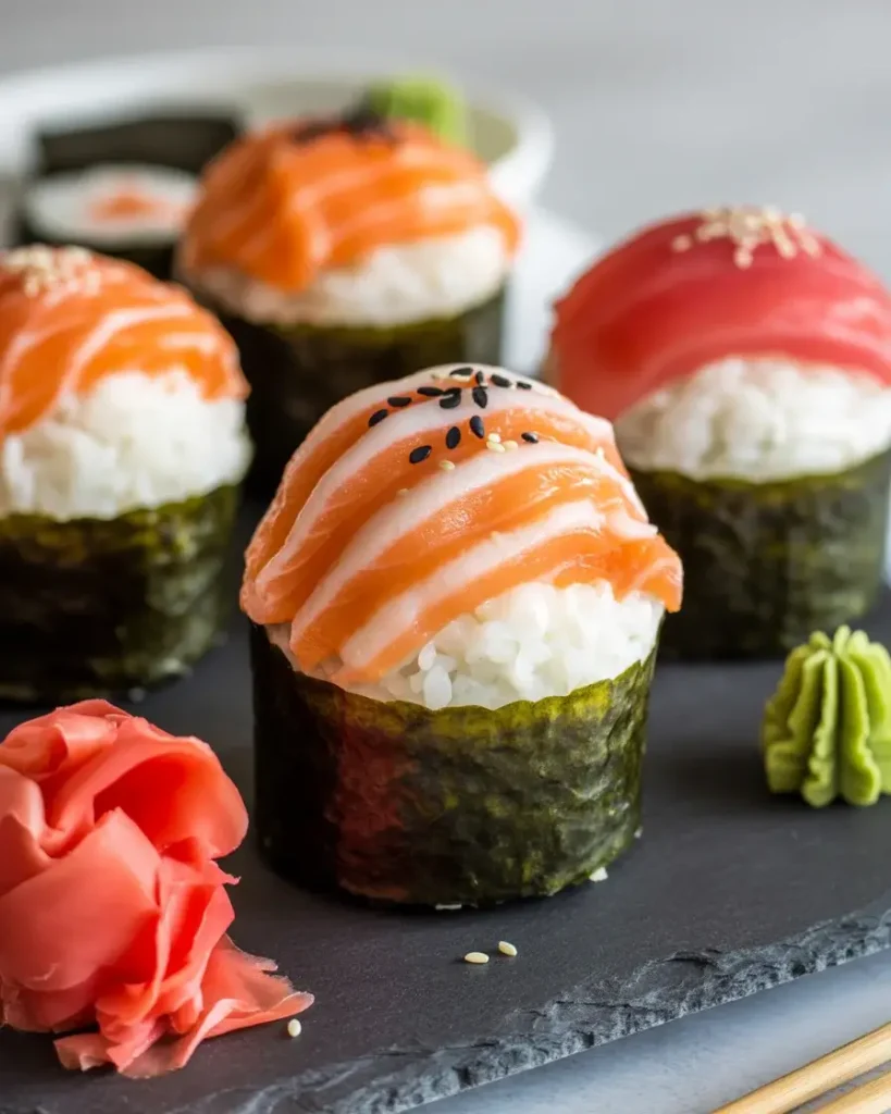 Adorable sushi cupcakes topped with fresh fish and sesame seeds ready to serve