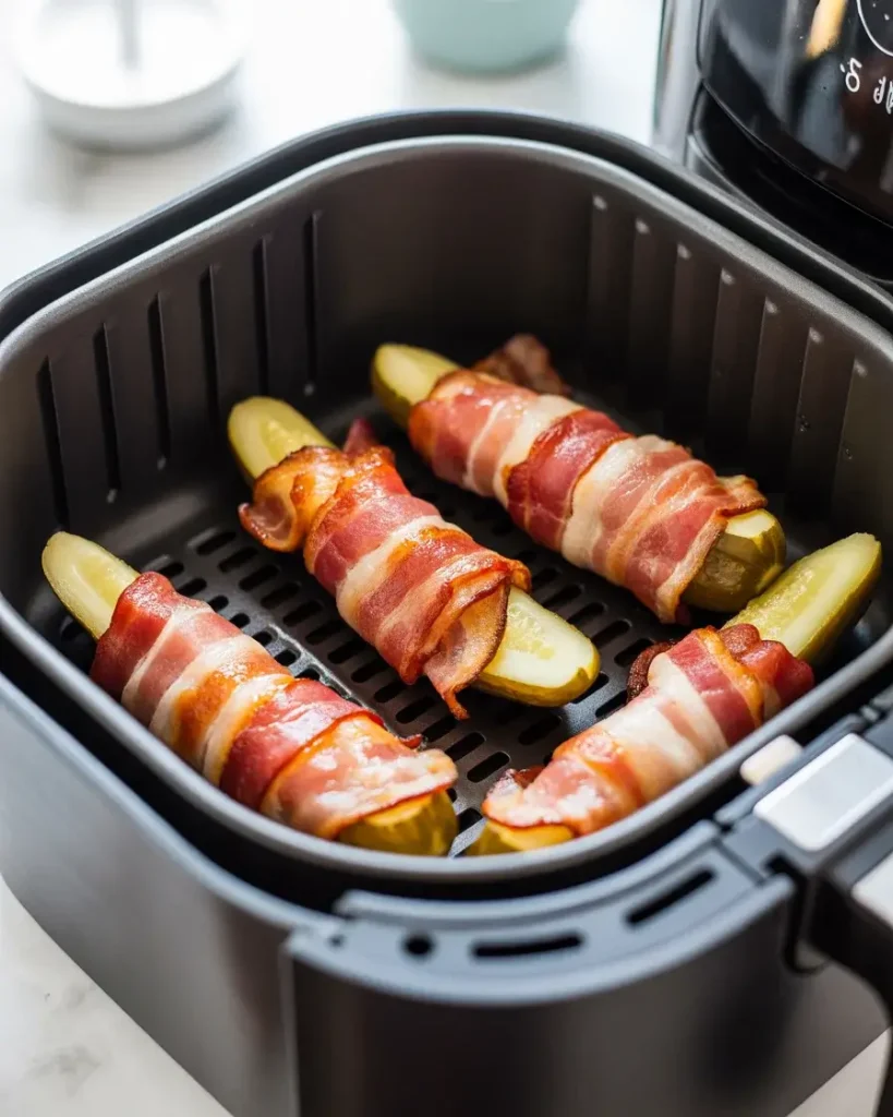 Air frying at 400 degrees until the bacon is bubbling and achieves a deep golden brown color.Air frying at 400 degrees until the bacon is bubbling and achieves a deep golden brown color.