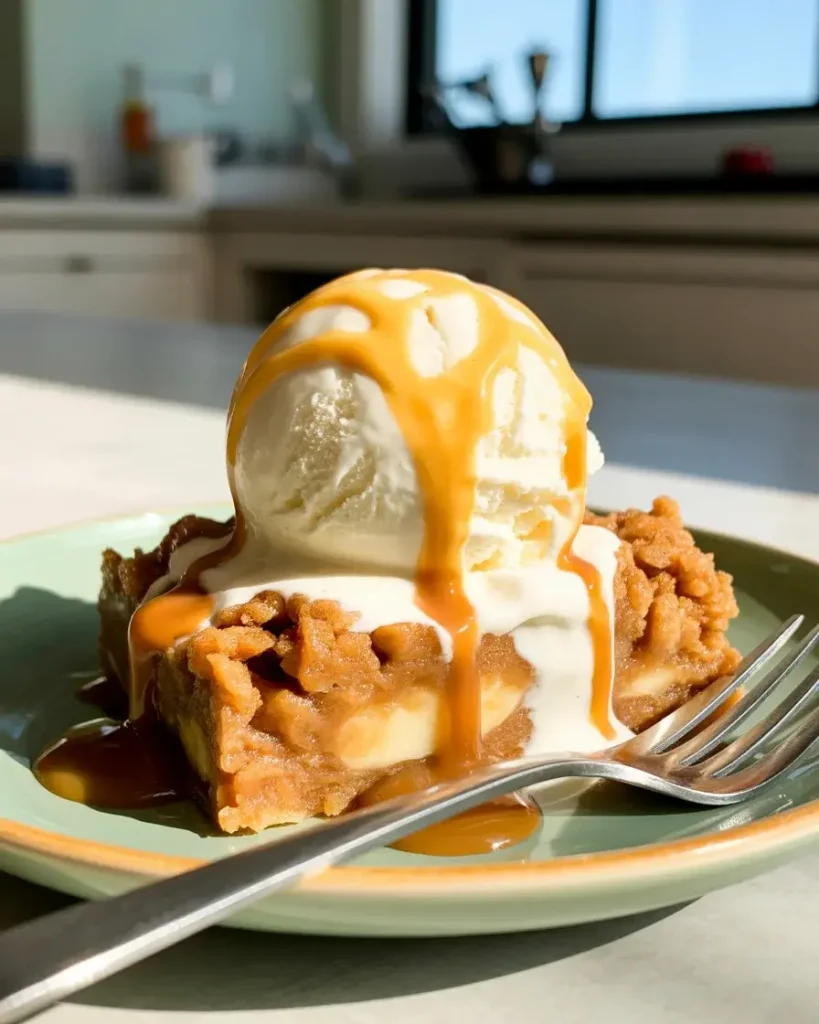 Apple crisp bar served warm with vanilla ice cream and caramel drizzle