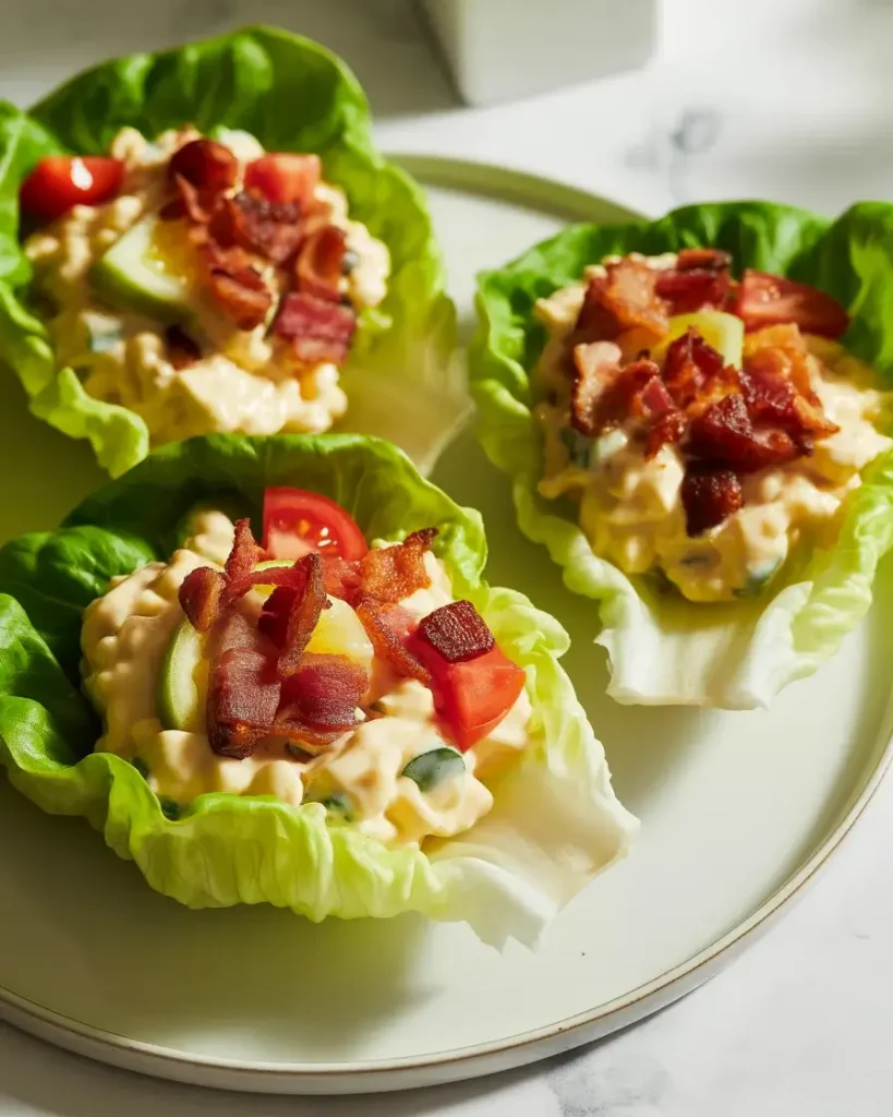 Assembled BLT egg salad lettuce wraps with bacon, tomato, and a lemon squeeze