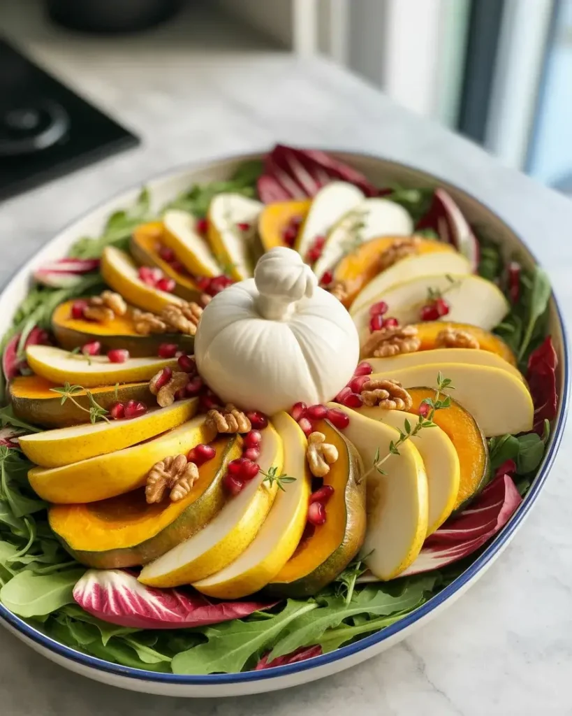 Assembled autumn burrata salad before dressing - colors are stunning at this stage