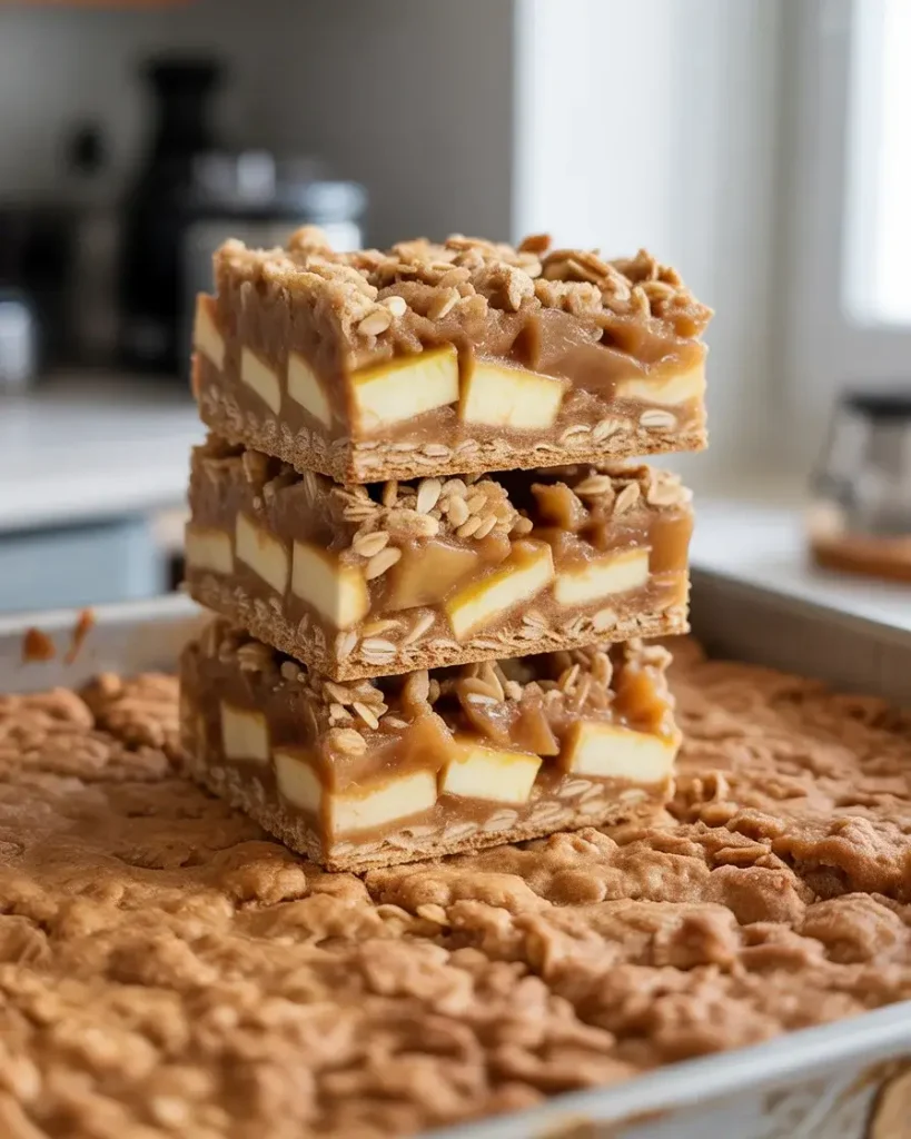 Assembled bars showing crust, apple filling, and crumbly topping before baking