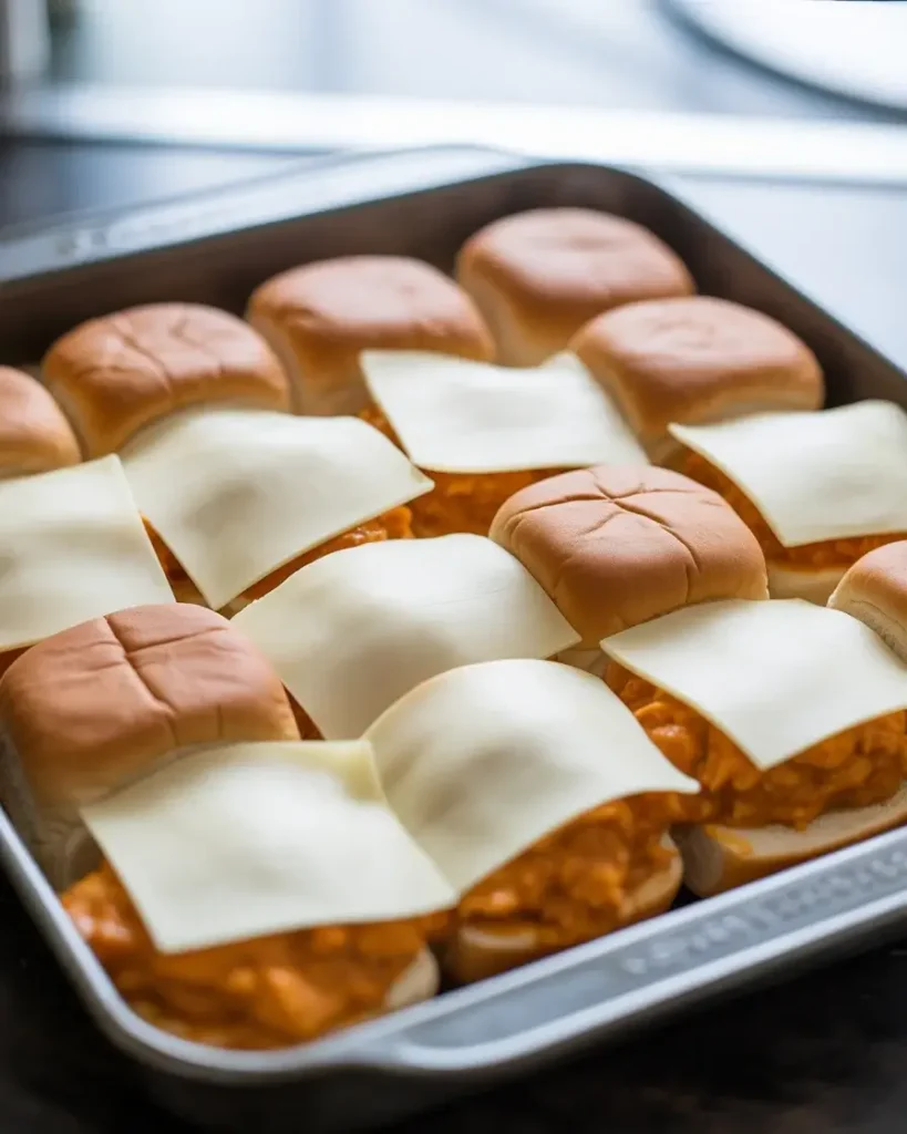  Assembled sliders with provolone cheese before the final butter topping and bake