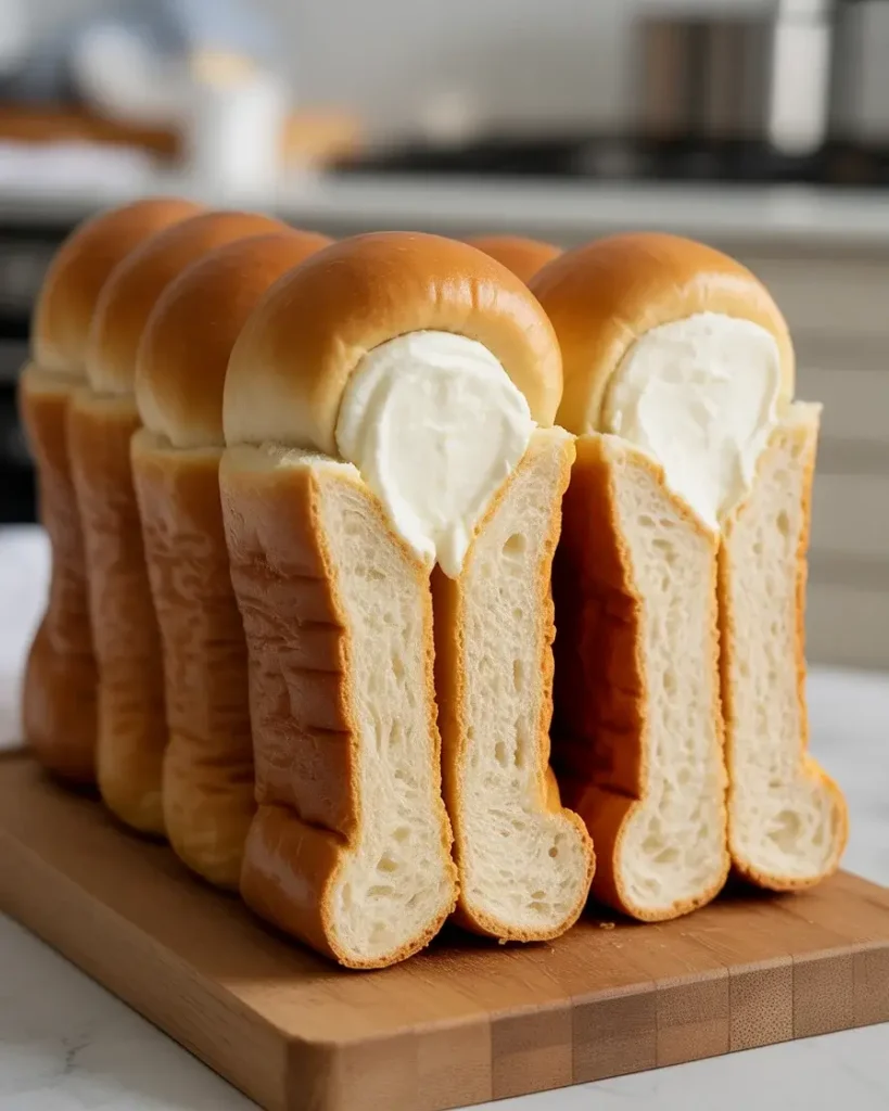 Assembled stuffed French toast sticks sliced and ready for dipping