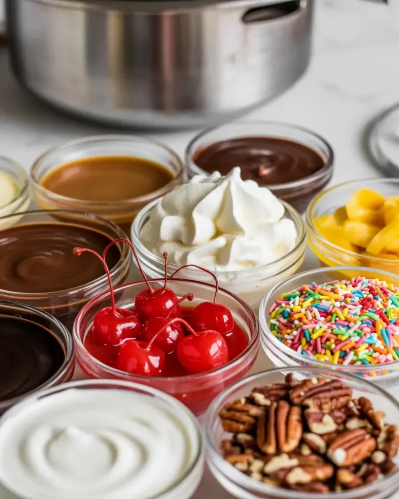 Assorted sundae toppings ready for customizing brownie sundaes
