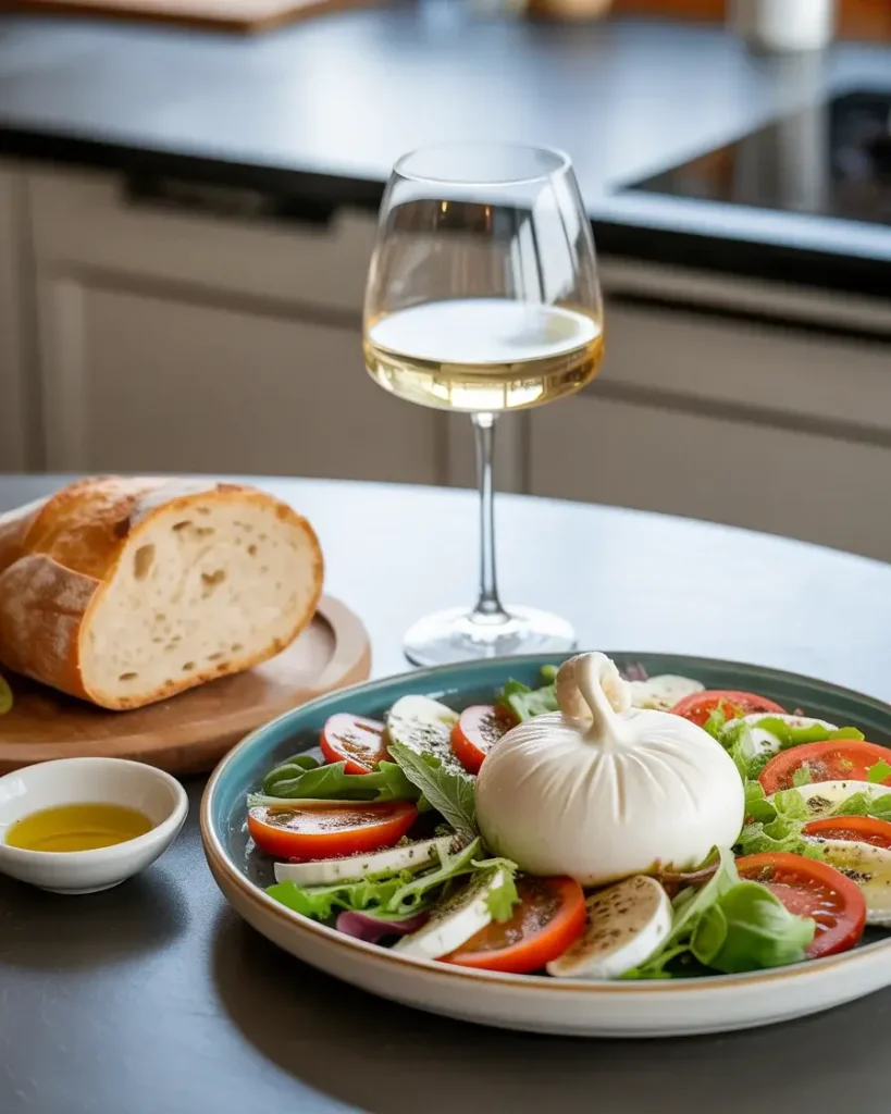 Autumn burrata salad served with crusty sourdough and a dry Riesling