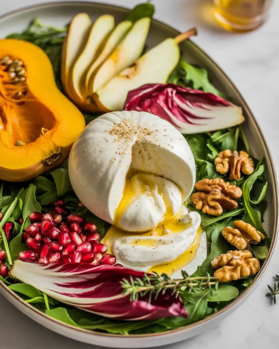 Autumn burrata salad with roasted squash, pear, pomegranate, and candied walnuts