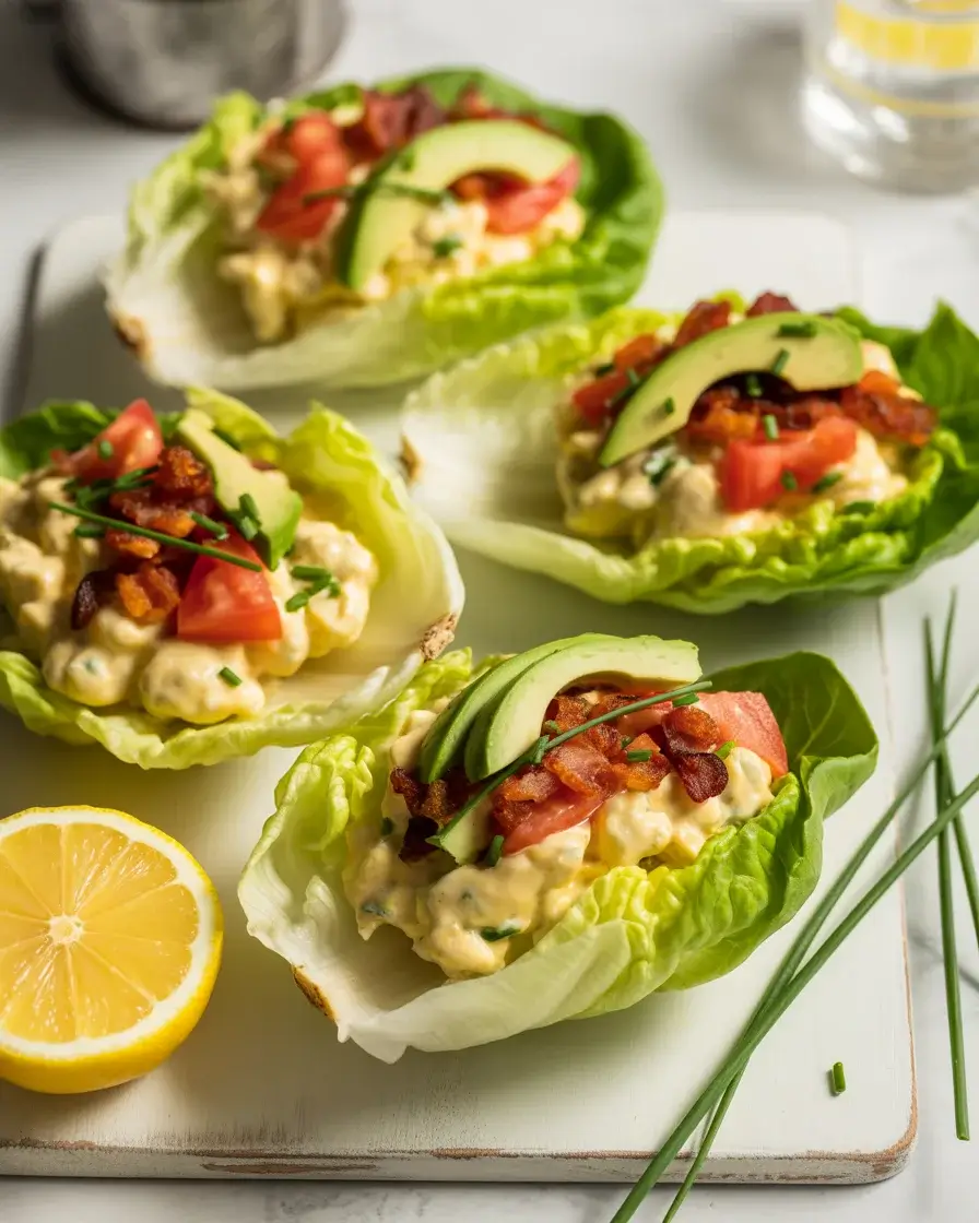 BLT egg salad lettuce wraps with crispy bacon, tomato, and avocado on a serving board
