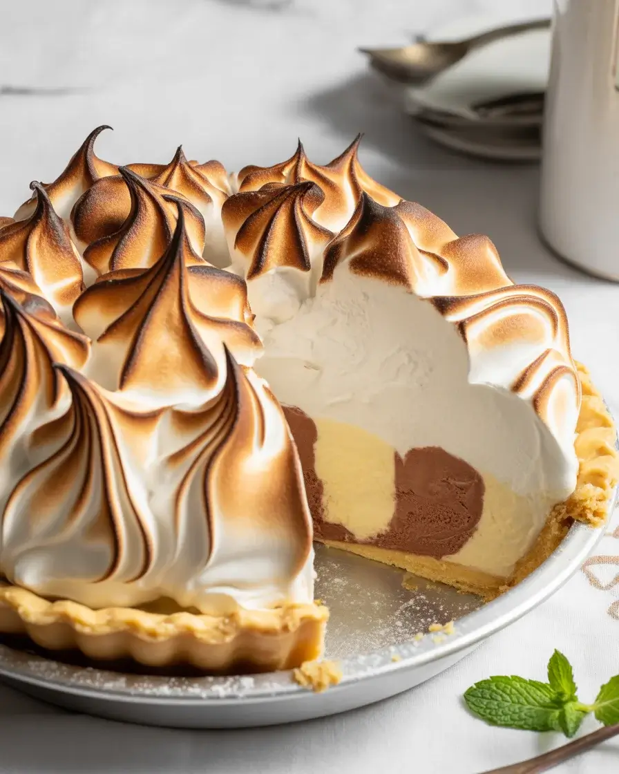 Baked Alaska pie with golden toasted meringue hiding creamy ice cream inside a flaky crust