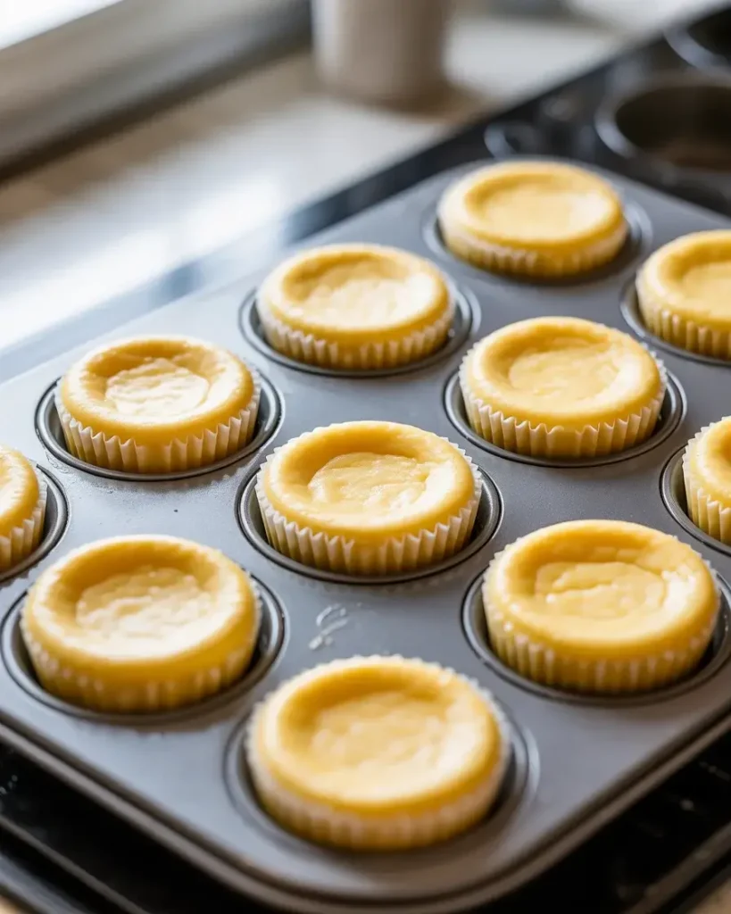 Baked mini cheesecakes with set edges and a slight center jiggle - the perfect doneness cue