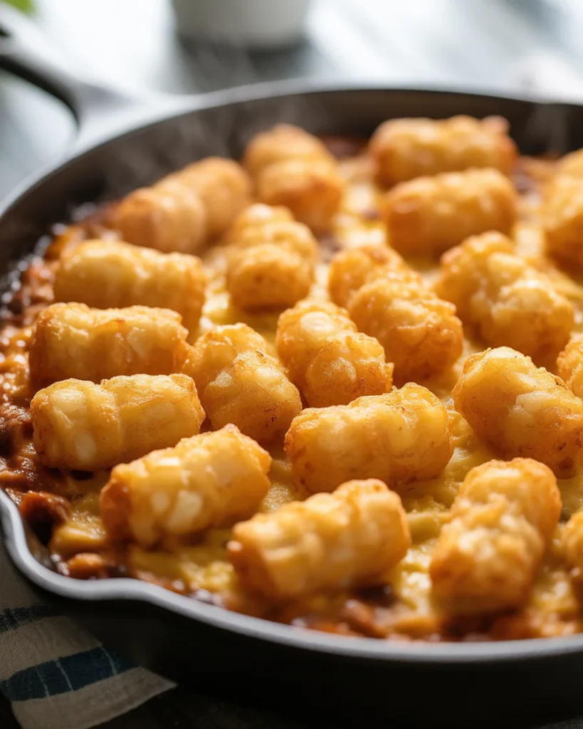 Baked tater tot casserole with perfectly golden crispy tots straight from a 400 degree oven