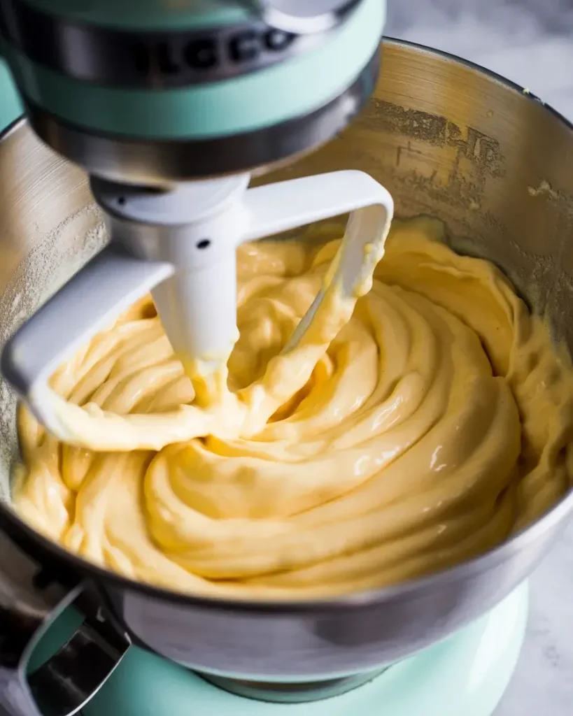 Beating cream cheese and custard powder until silky smooth for the cheesecake filling layer