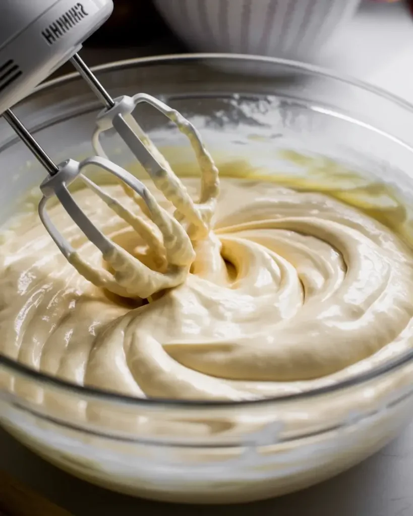 Beating cream cheese and powdered sugar until smooth, glossy, and lump-free