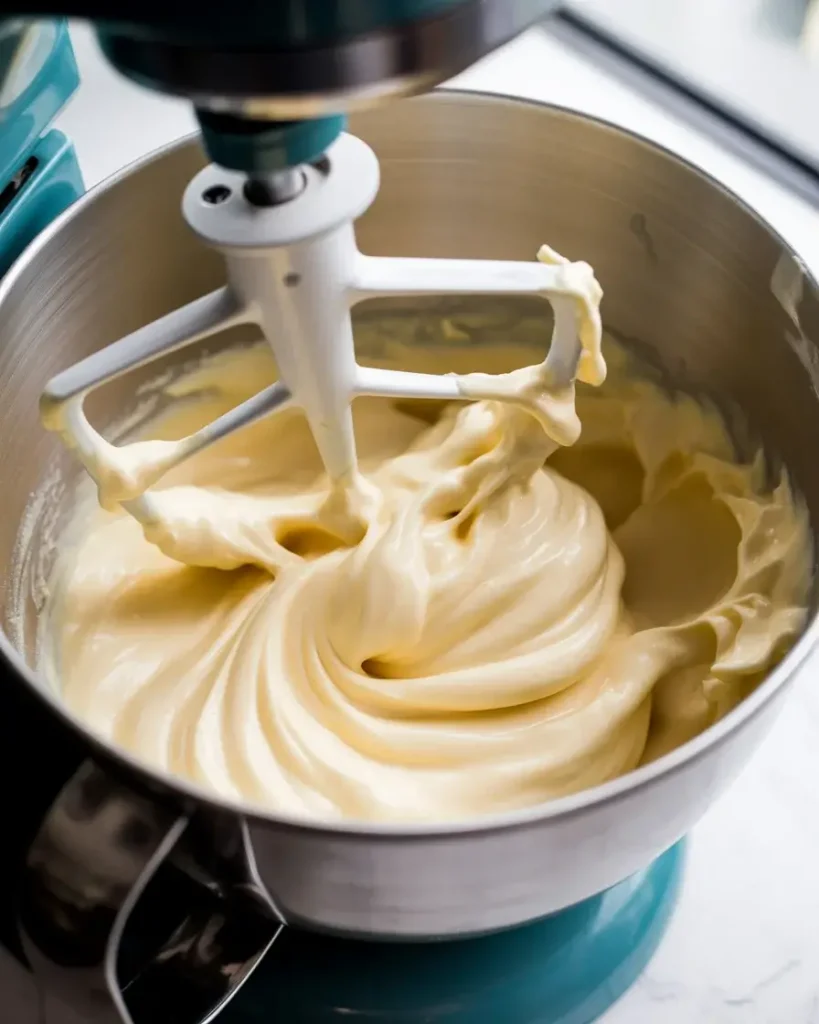 Beating cream cheese until silky smooth before adding sugar and eggs for a lump-free filling