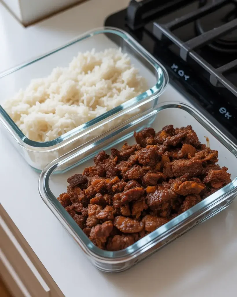 Beef and rice stored separately in glass containers for easy weekday meal prep