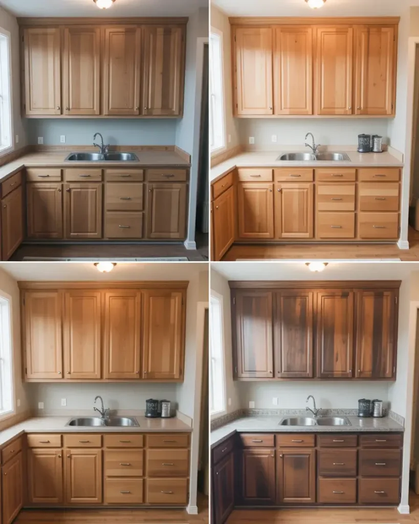 Before and after comparison showing clear alder cabinets in different stain colors from natural to espresso finish
