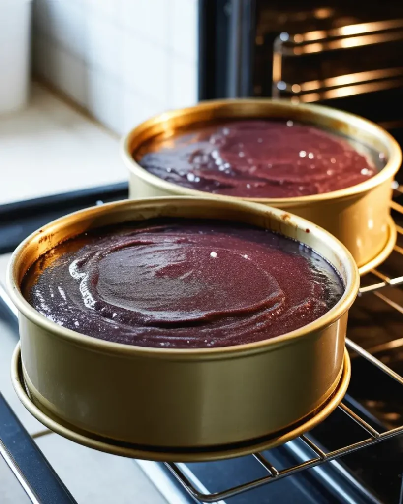 Blackberry bourbon cake layers baking to a golden, springy finish at 350°F