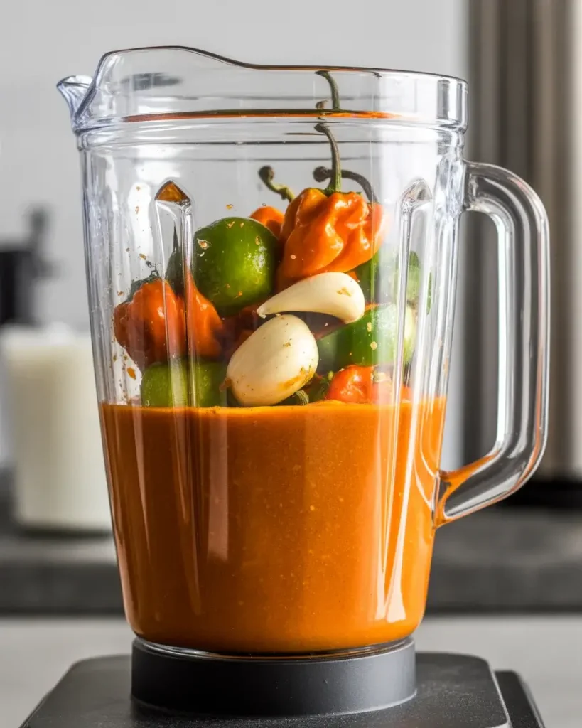 Blending roasted habaneros with vinegar, lime, and garlic into silky smooth sauceBlending roasted habaneros with vinegar, lime, and garlic into silky smooth sauce