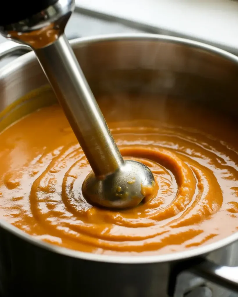 Blending roasted sweet potato soup to a silky smooth consistency
