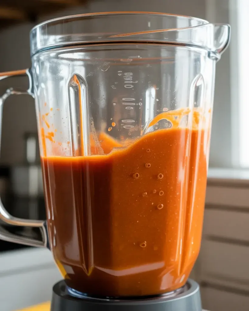 Blending the cooked pepper mixture into a silky smooth pourable hot sauce