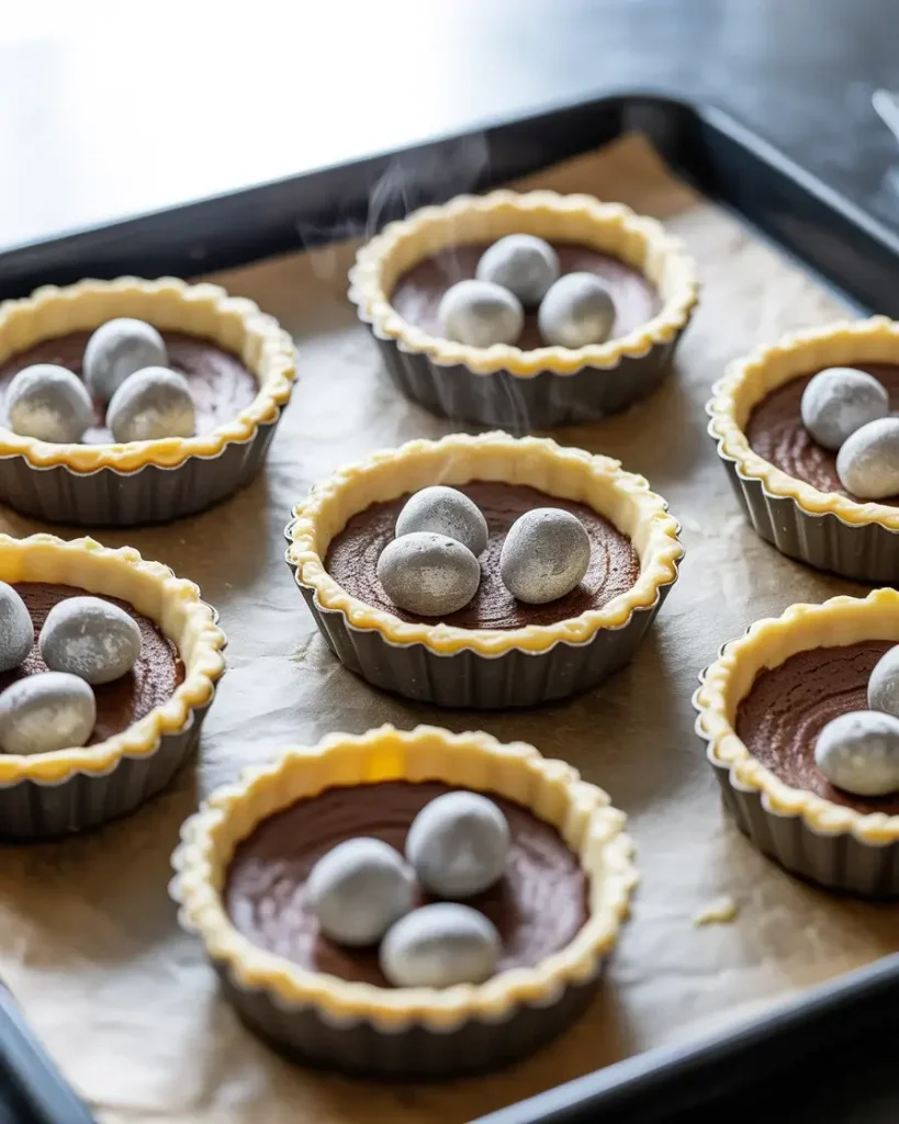 Blind baking chocolate tartlet shells with pie weights for a crisp, even base