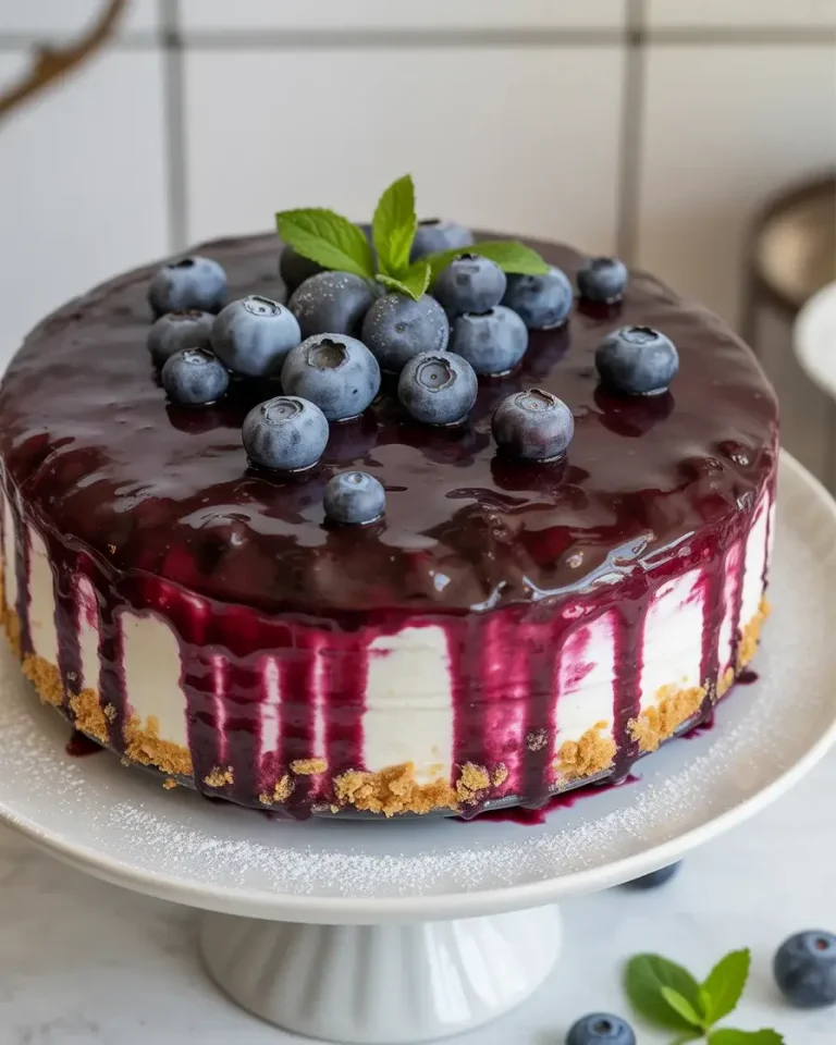 Blueberry cream cheese cake with glossy berry topping, creamy white filling, and golden graham crust on a cake stand