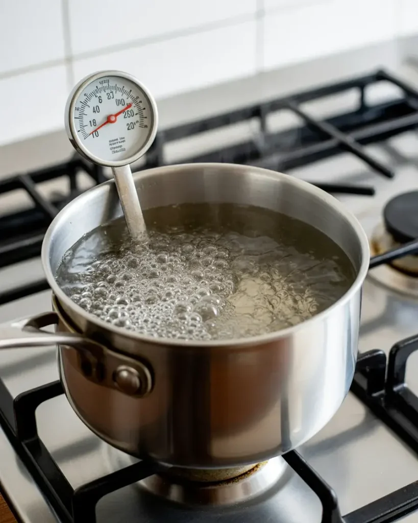 Boiling sugar syrup with a candy thermometer clipped to the pan