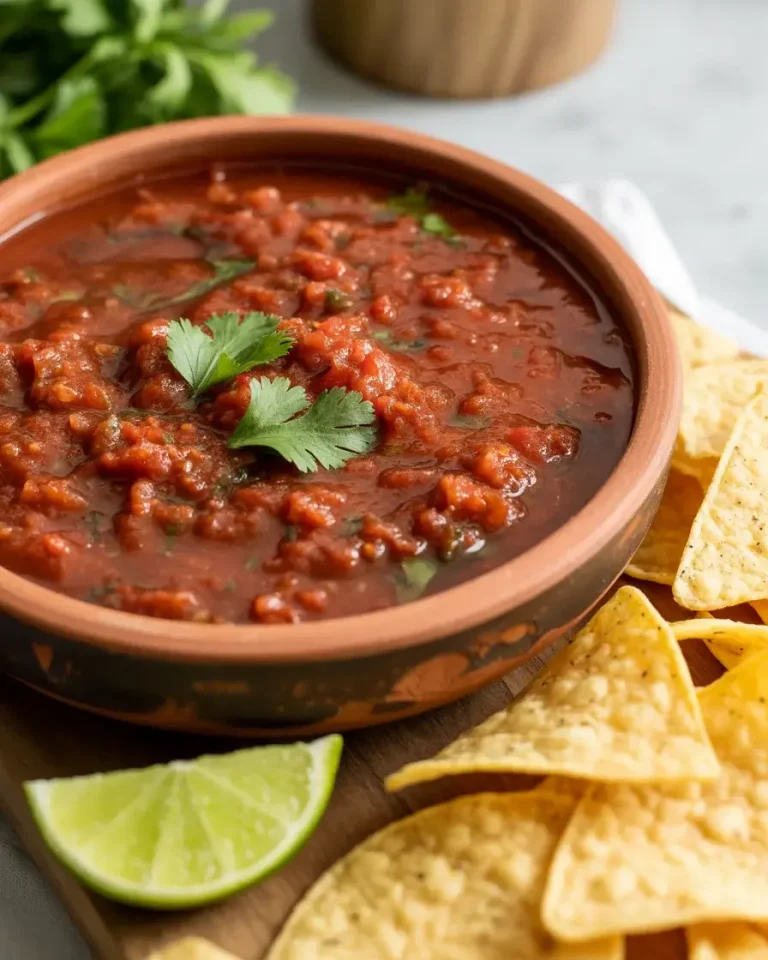 Bold smoky fire roasted salsa served with tortilla chips, cilantro, and fresh lime