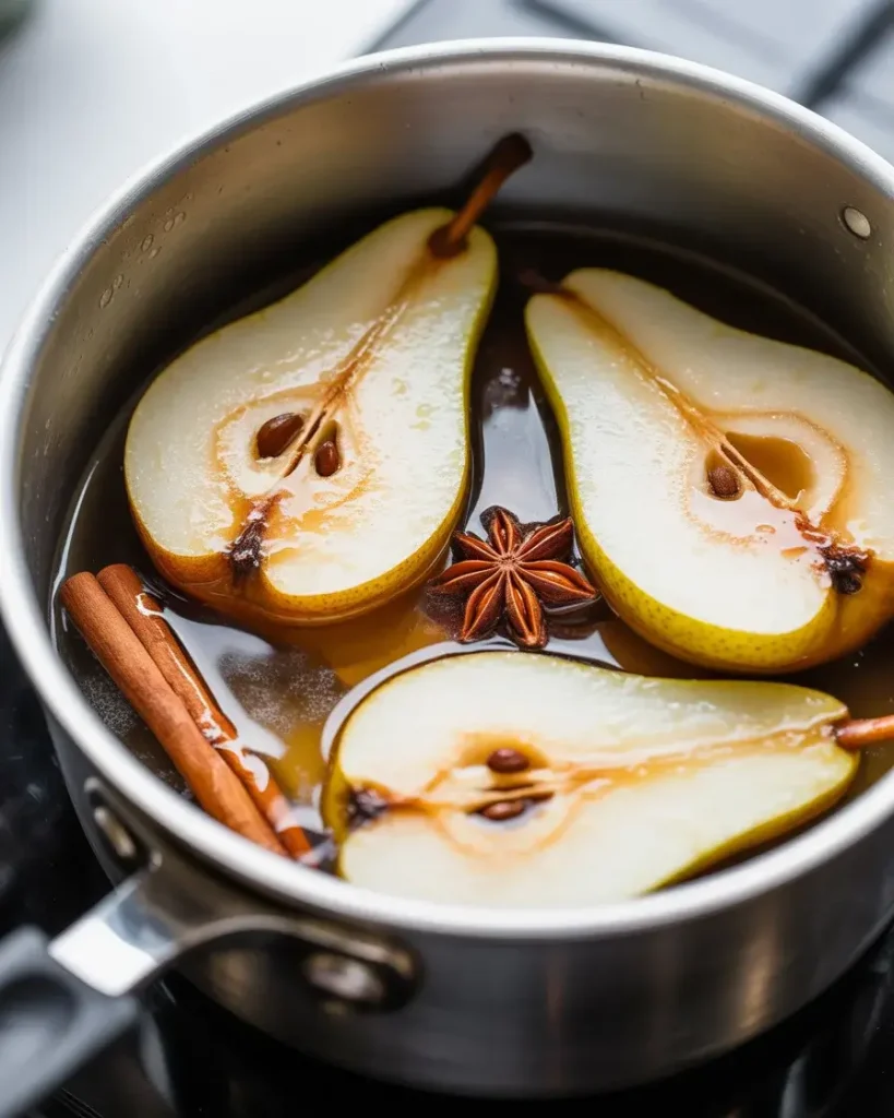 Bosc pears gently poaching in spiced vanilla syrup until just tender