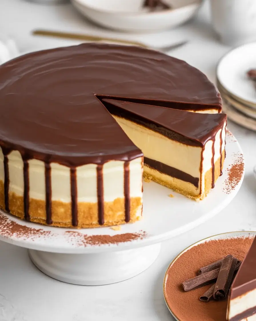 Boston cream pie cheesecake with glossy ganache and three perfect layers revealed in every slice