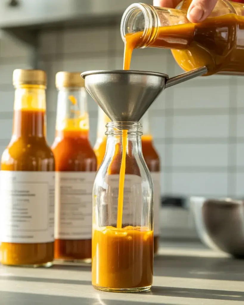 Bottling the finished pickle juice hot sauce while still warm