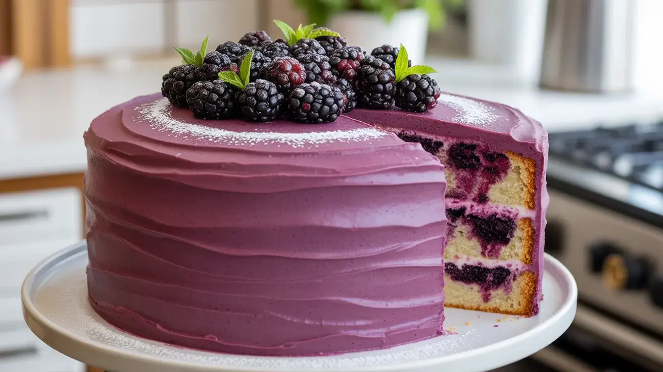 Bourbon blackberry layer cake with purple frosting, fresh berries, and a showstopping slice reveal