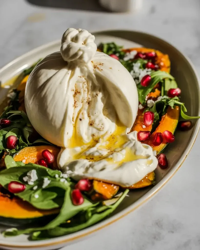 Break the burrata open at the table so the creamy interior spills over the salad