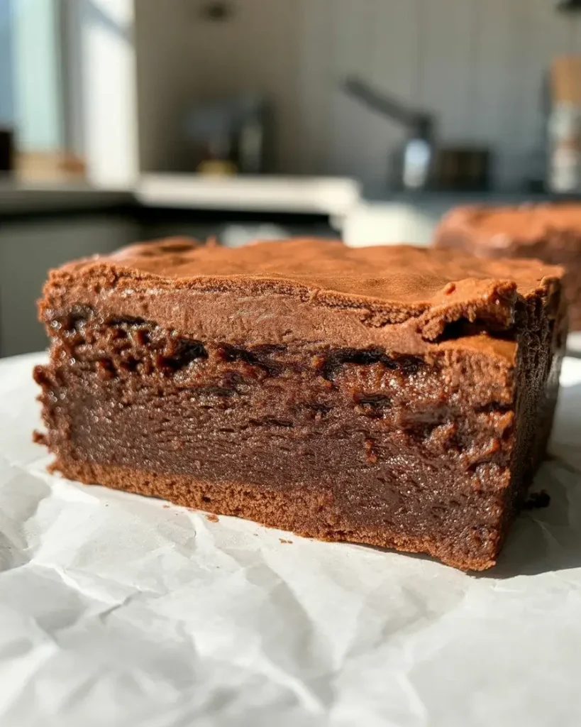 Brownie cross-section showing firm crust and fudgy interior