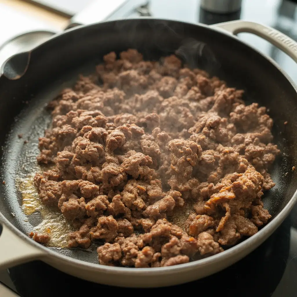 Browning ground beef until deep golden edges form for maximum flavor
