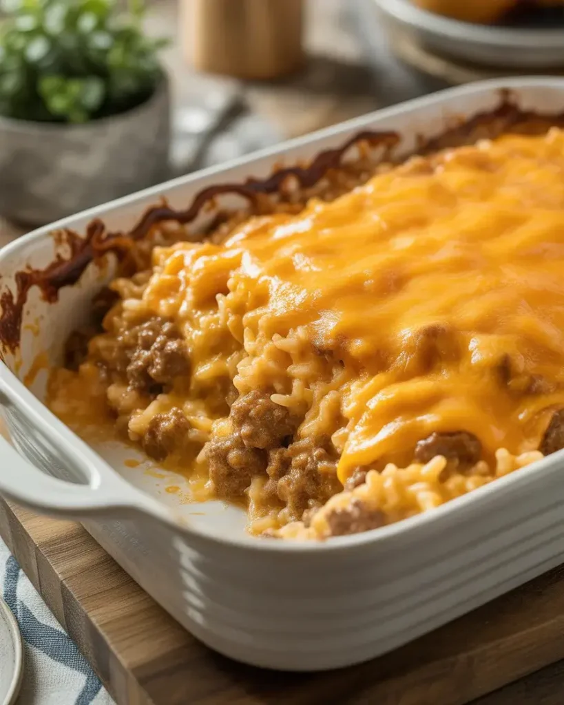 Bubbling cheesy hamburger rice casserole golden and ready straight from the oven.