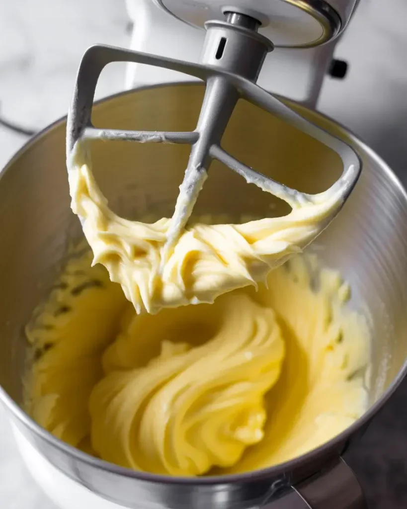 Butter and sugar creamed to pale, fluffy perfection after 4 minutes of beating