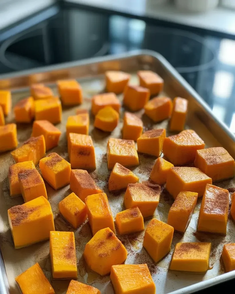 Butternut squash roasting at 425°F until caramelized and fork-tender