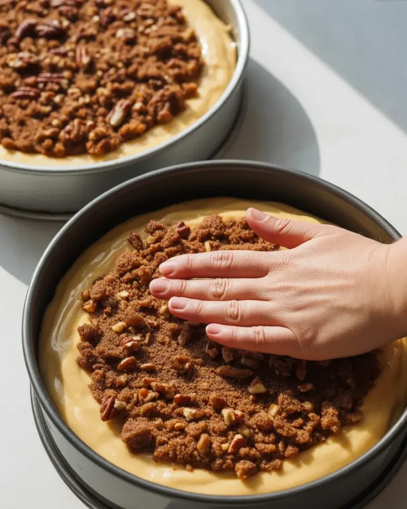 Butterscotch batter topped with pecan crunch topping before baking