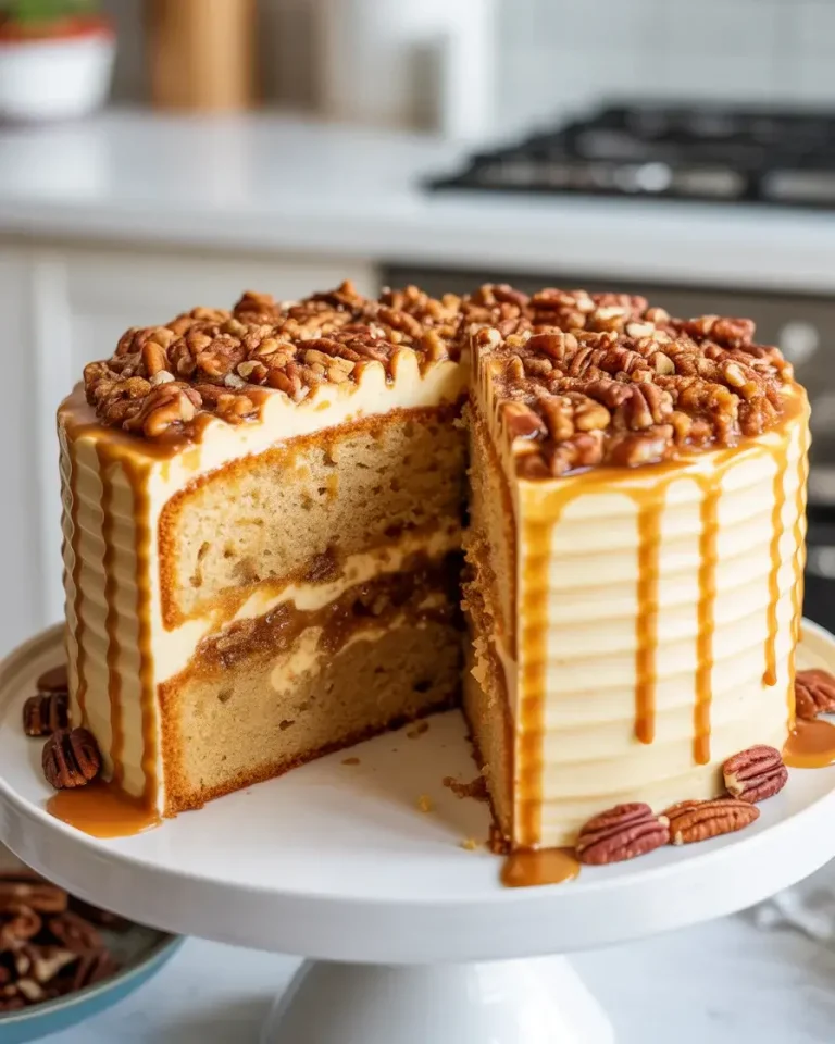 Butterscotch crunch cake with caramelized pecan topping and golden buttercream layers