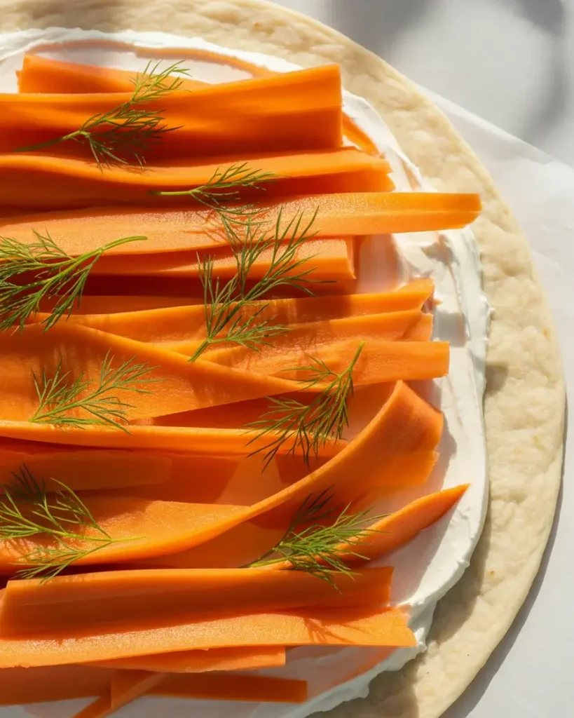 Carrot ribbons layered horizontally over cream cheese before rolling