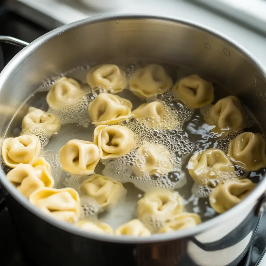 Cheese tortellini boiling in salted water until just al dente for perfect texture