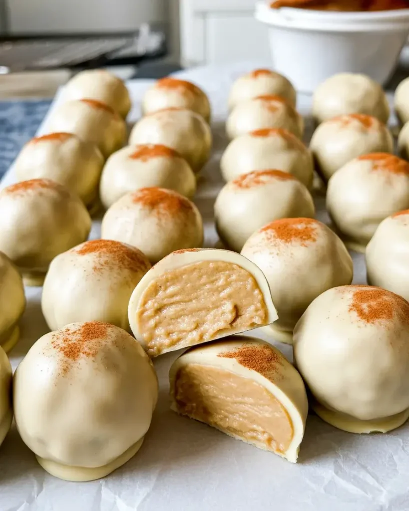 Chilled Oreo balls with set white chocolate shell and creamy pumpkin spice center