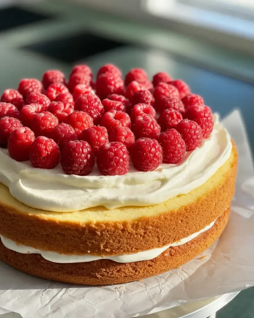 Chilled raspberry cream cake sliced to reveal beautiful cream and berry layers