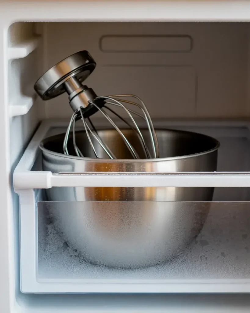 Chilling bowl and whisk in freezer ensures faster, fluffier whipped cream every time