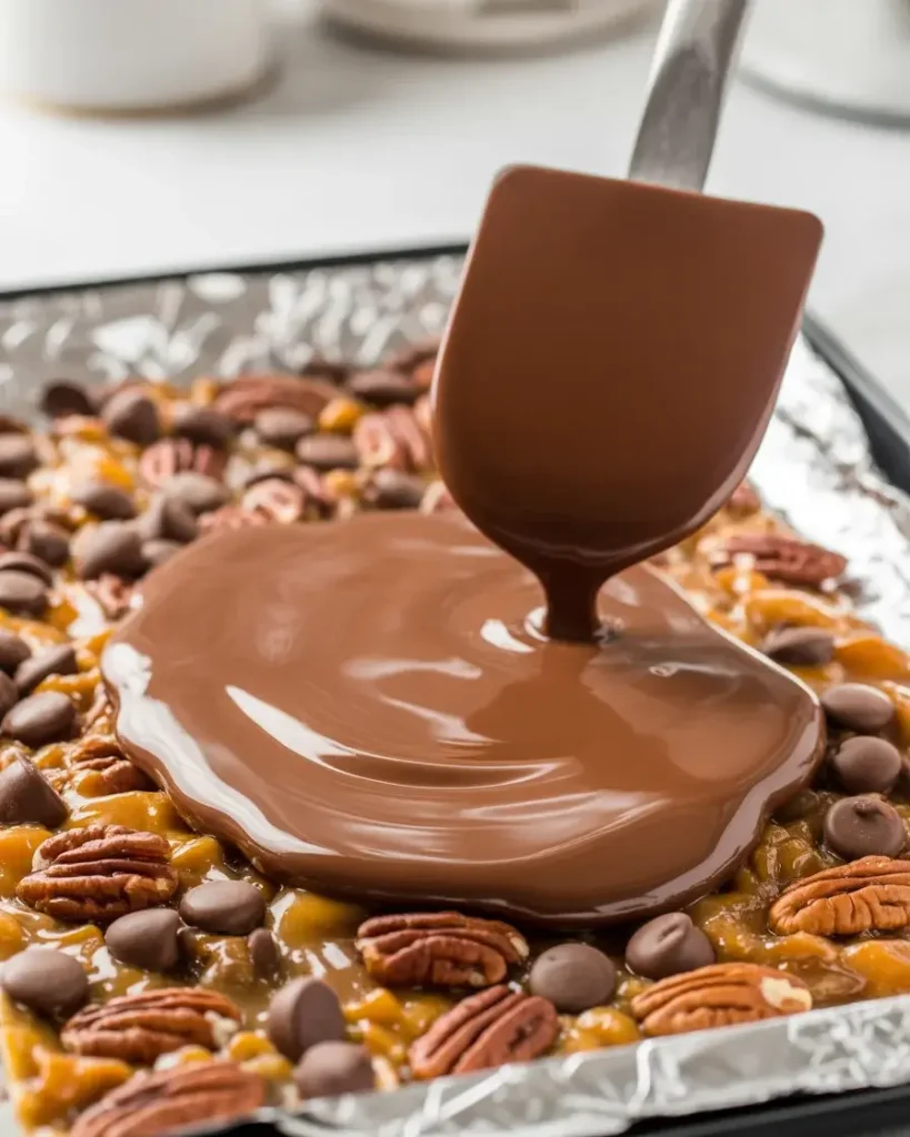 Chocolate chips melting into a smooth layer over the hot toffee base