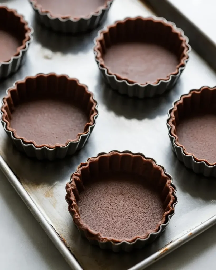 Chocolate dough pressed into fluted tartlet pans before blind baking