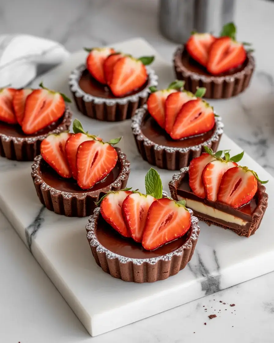 Chocolate strawberry tartlets with silky ganache and glazed fresh strawberries on a marble board