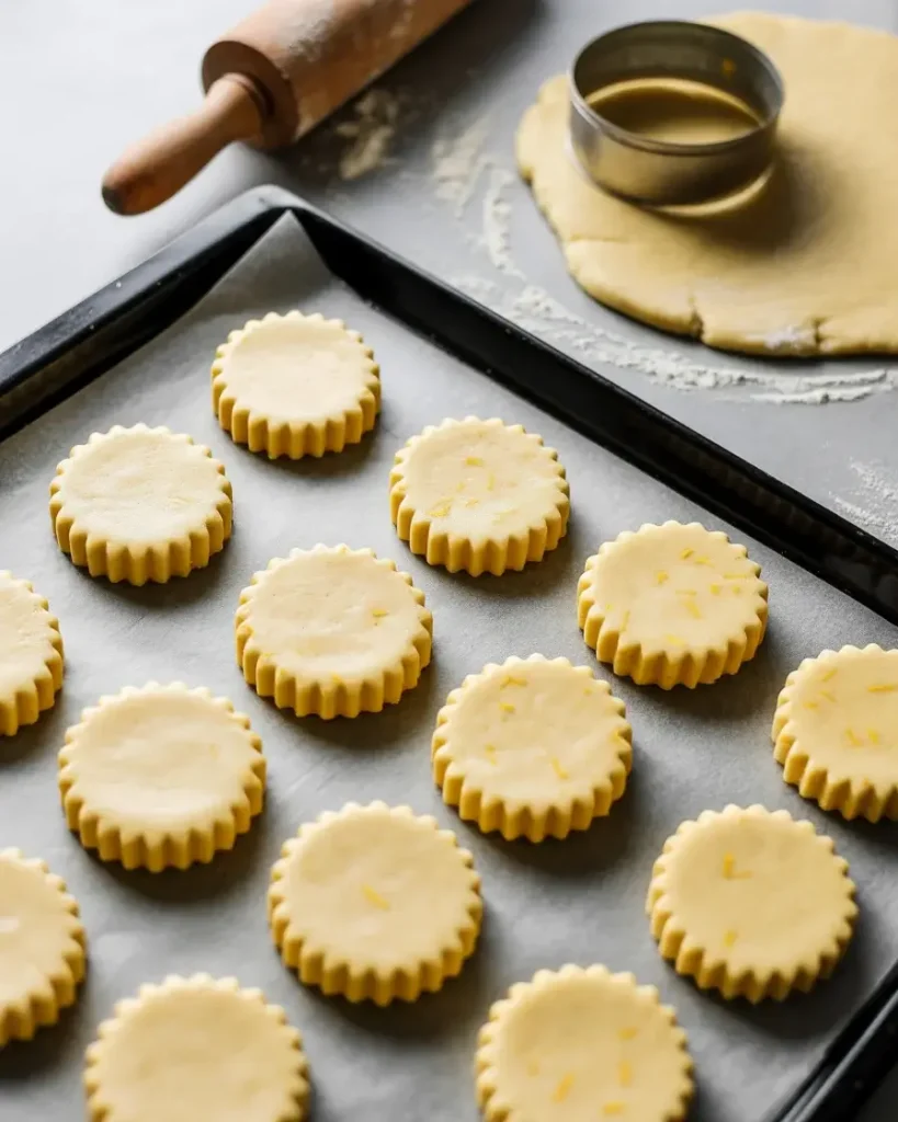 Citrus shortbread rounds cut and arranged on parchment-lined baking sheet before baking